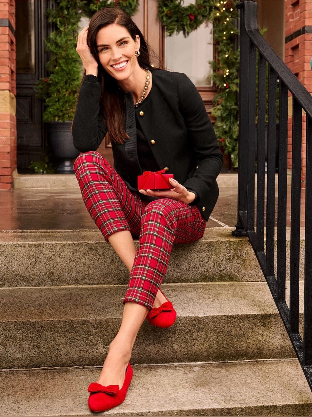 NWT Talbots size 2 red plaid tapered ankle pants tartan trousers Christmas party